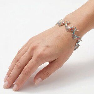 Vintage Cloisonné Style Enamel Dolphin Link Bracelet Silver Tone Nautical  7.5"